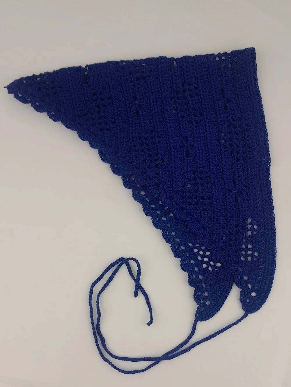 Handcrafted Soft Royal Blue Crocheted Heart Filet Head Bandana Kerchief Tie Back